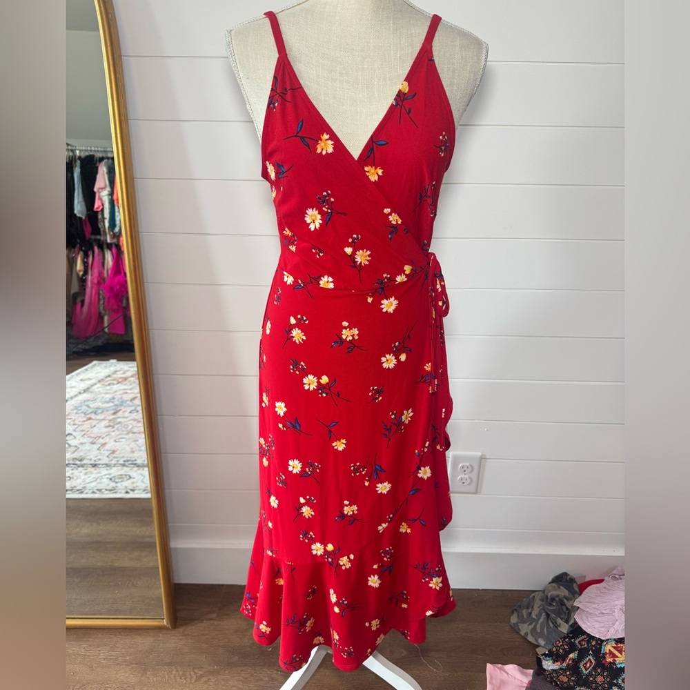Twenty Ten Red Ruffled Wrap Midi Dress
